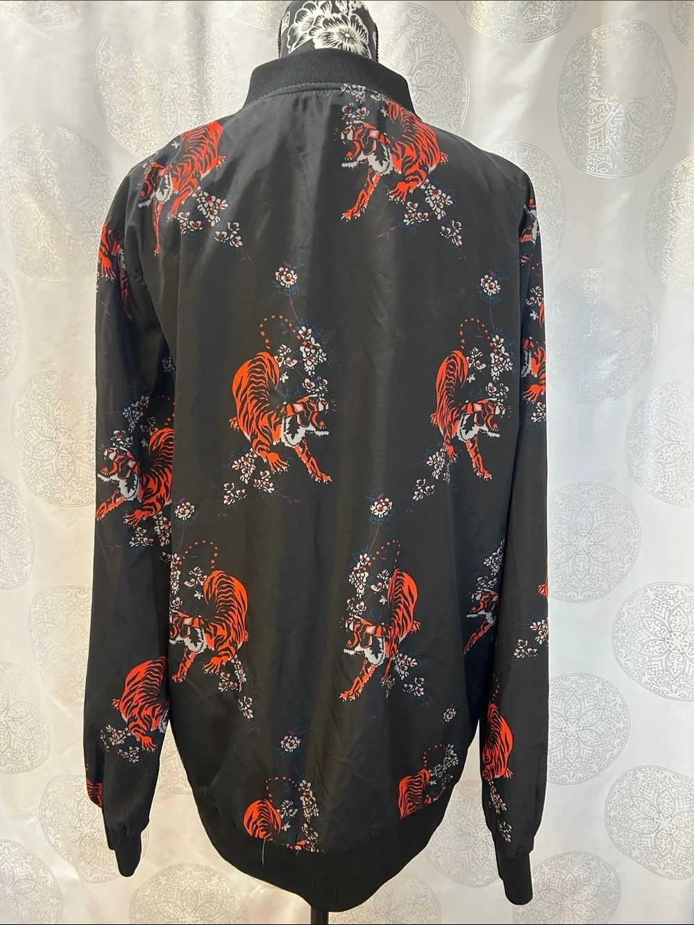 G-Net Black & Orange Tiger Floral Print Bomber Jacket Unisex Large - Extra Large